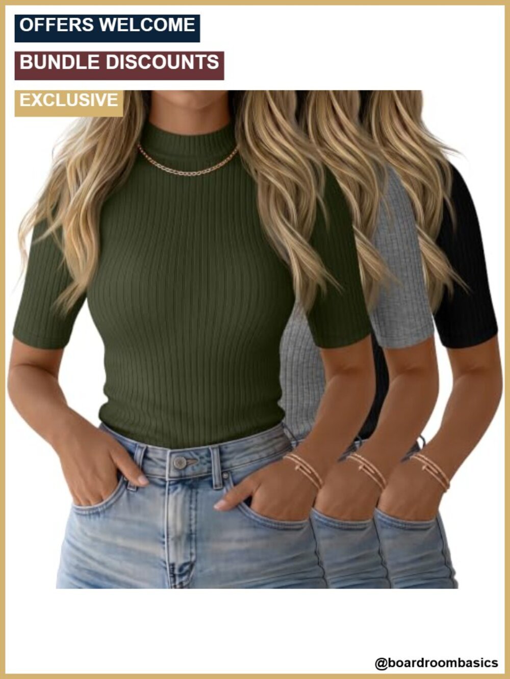 3 Pack Women's Mock Neck Ribbed Tops | Half Sleeve, Slim Fit, Business Casual,